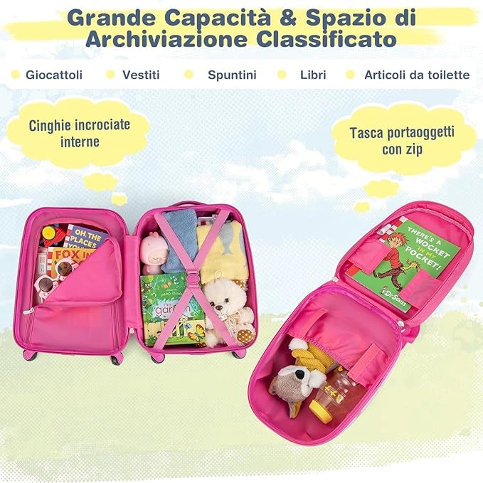 Set di Valigia per Bambini, 16" Valigia+ 12" Zaino, 2 Pezzi, con Ruote Girevoli a 360° e Maniglia Retrattile, Ideale per Viaggiare in Modo Comodo e Divertente (Modello 8)