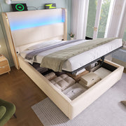 Letto matrimoniale singolo 90x200 cm con testiera alta; LED; stoccaggio e porte USB Type C; beige