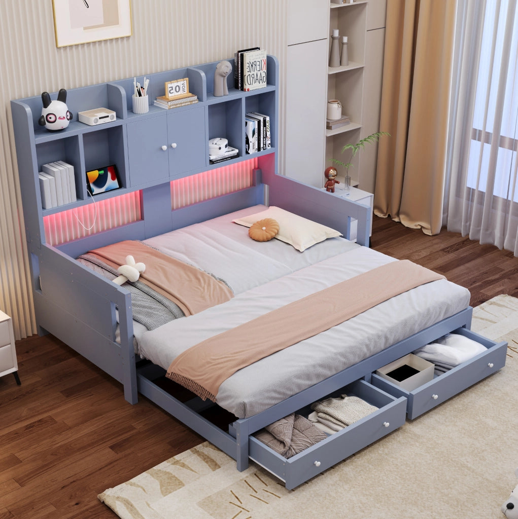 Divano letto estraibile 90x190 cm con cassetti e LED in legno grigio