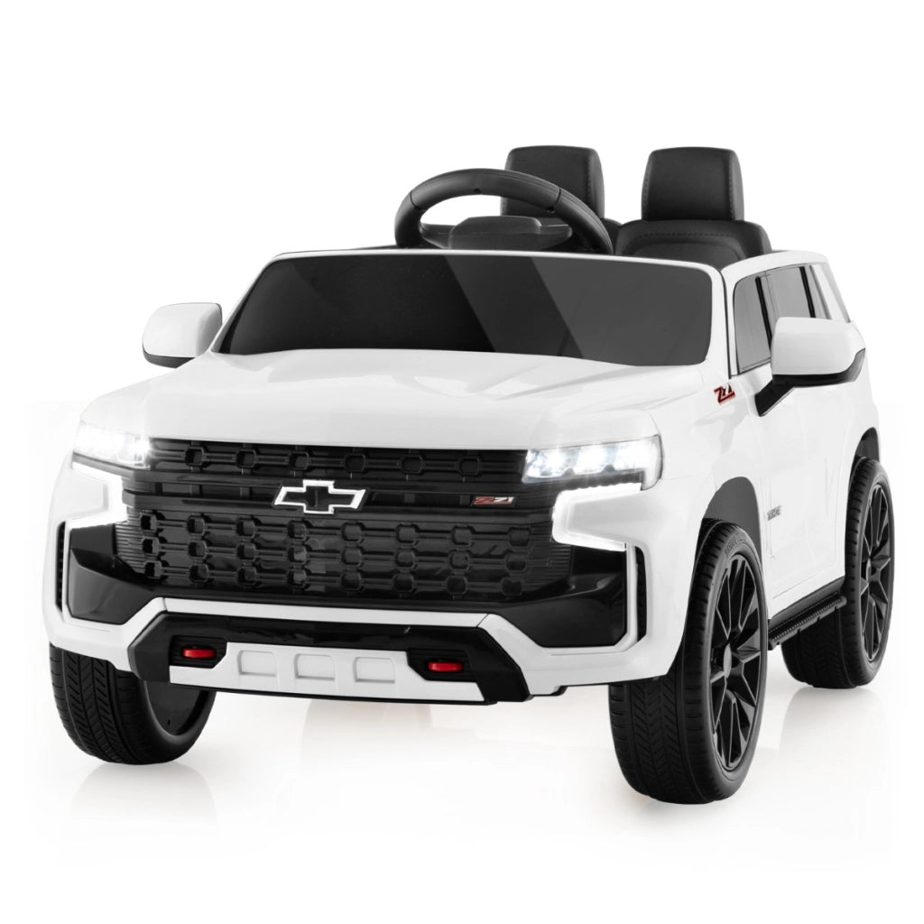 SUV elettrica 12V per bambini con telecomando 2,4G sospensione a molla luci e musica, Chevrolet auto elettrica Bianco-Macchinine giocattoli