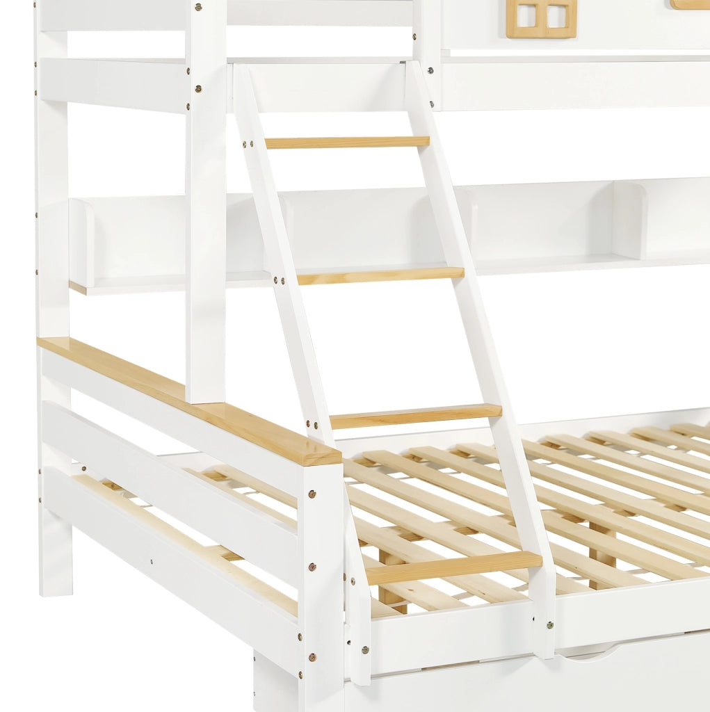 Letto a castello 90x200 cm e 140x200 cm con finestre; scala a 4 gradini e cassetti; bianco naturale