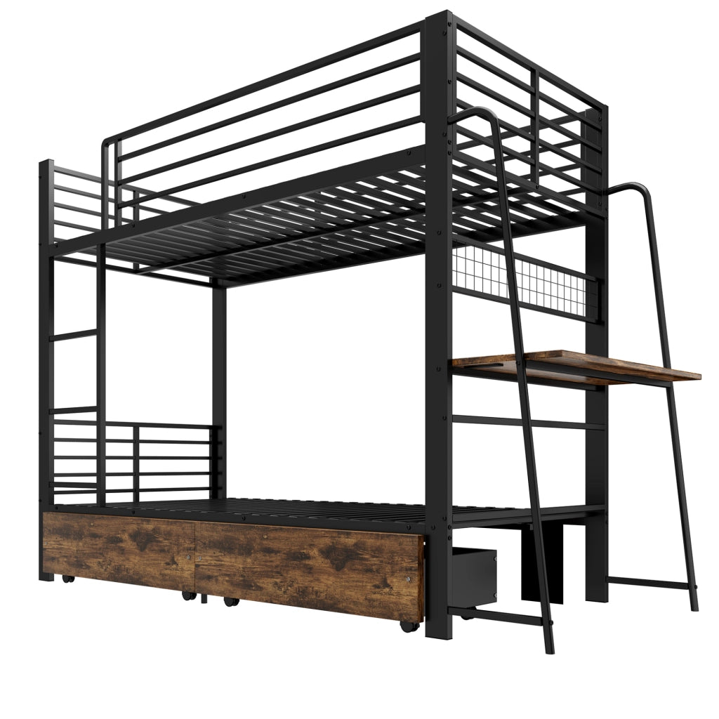 Letto a soppalco 90x200 cm con scrivania; illuminazione LED; MDF e metallo; nero