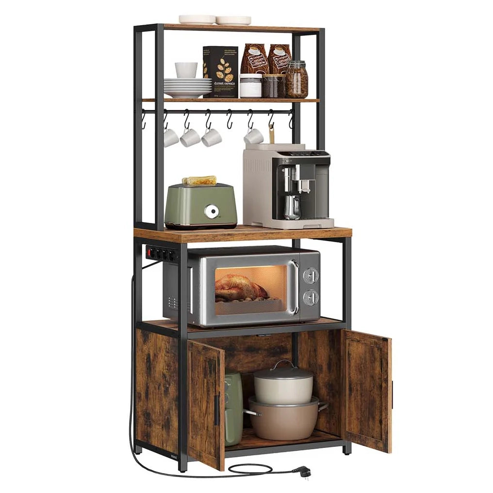 Mensola da cucina con multipresa bar con piano di lavoro 40 x 60 x 170 cm di altezza supporto per microonde con 8 ganci marrone 12_0007995