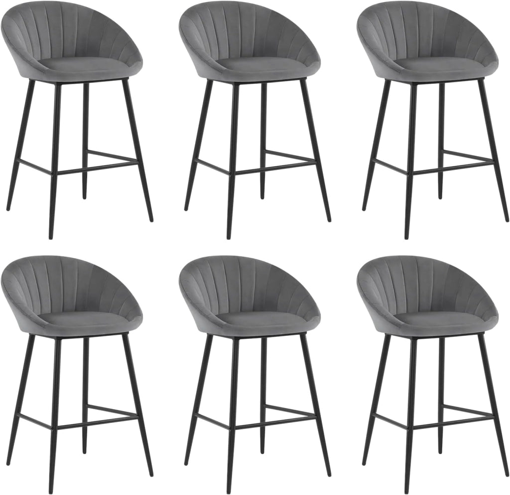 Set di 6 Sgabelli Alti, Sgabelli Cucina Moderni con Schienale, Sedie da Bar con Poggiapiedi, per Bistrot, Pub, Caffetteria, in Velluto e Metallo, Grigio Scuro