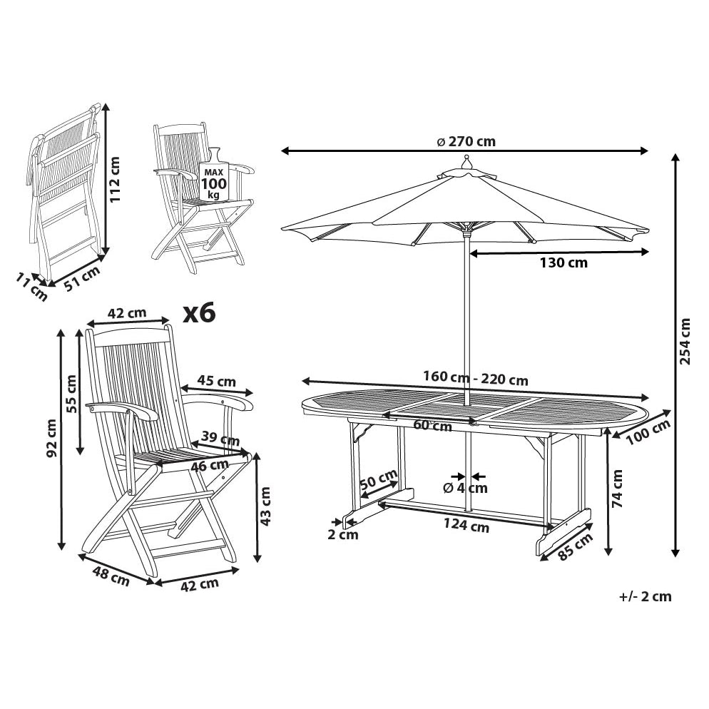Set da pranzo per esterni in legno di acacia chiaro tavolo da 6 posti con ombrellone sedie pieghevoli design rustico