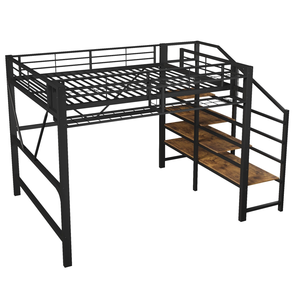Letto a soppalco 140x200 cm con scaffale a gradini; vano portaoggetti e LED; in MDF e metallo nero