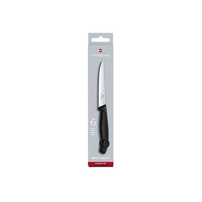 Victorinox 6.7233.6 Swiss Classic Set di 6 Coltelli da Bistecca e Pizza Lama Ondulata in Acciaio Inossidabile Lavabili in Lavastoviglie colore Nero