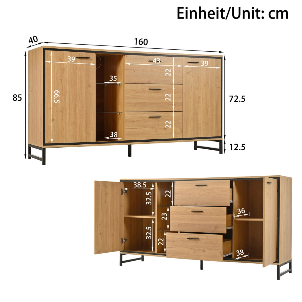 Sideboard moderno 160 cm con LED 16 colori, naturale e nero