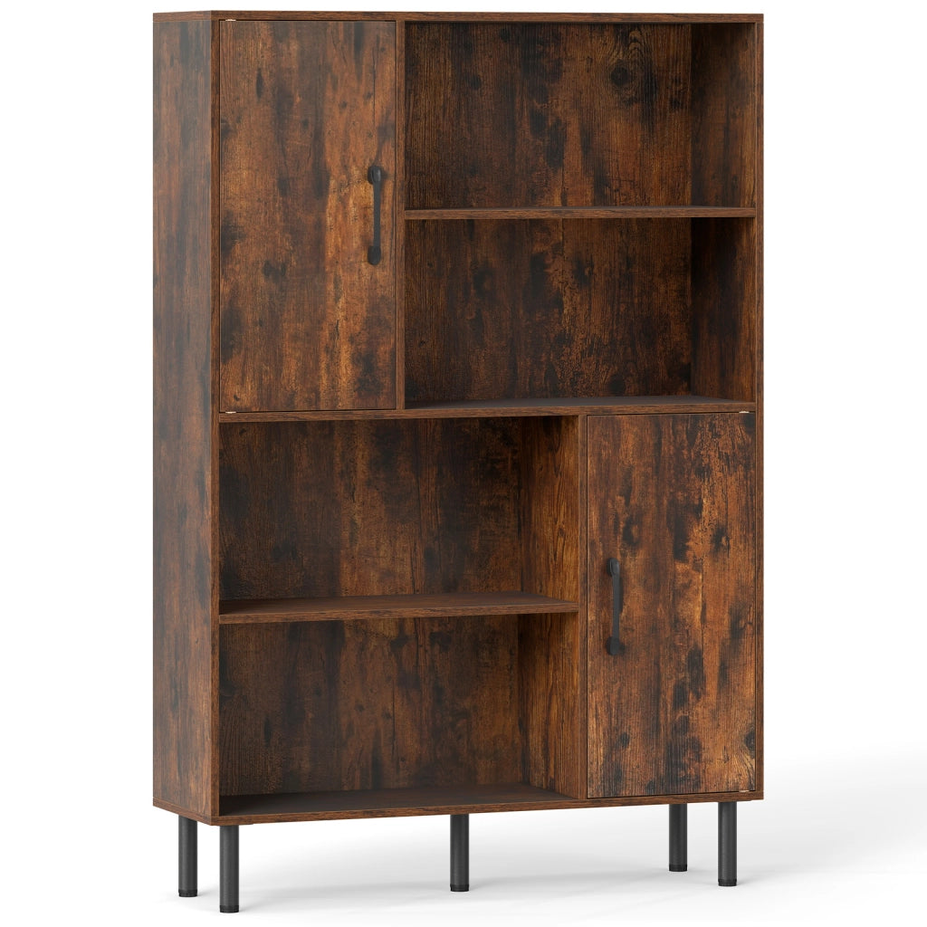 Credenza mobile da cucina con 2 ante 4 ripiani aperti e 5 gambe in metallo, Libreria verticale in legno Marrone