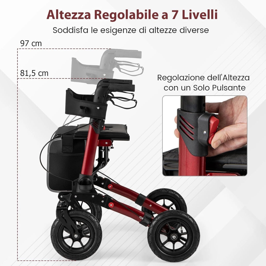 Deambulatore Pieghevole per Anziani in Alluminio, Rollator Regolabile in Altezza con Seduta, Schienale e Freni, Girello per Anziani con Borsetta, Carico Massimo 140 kg (Rosso)