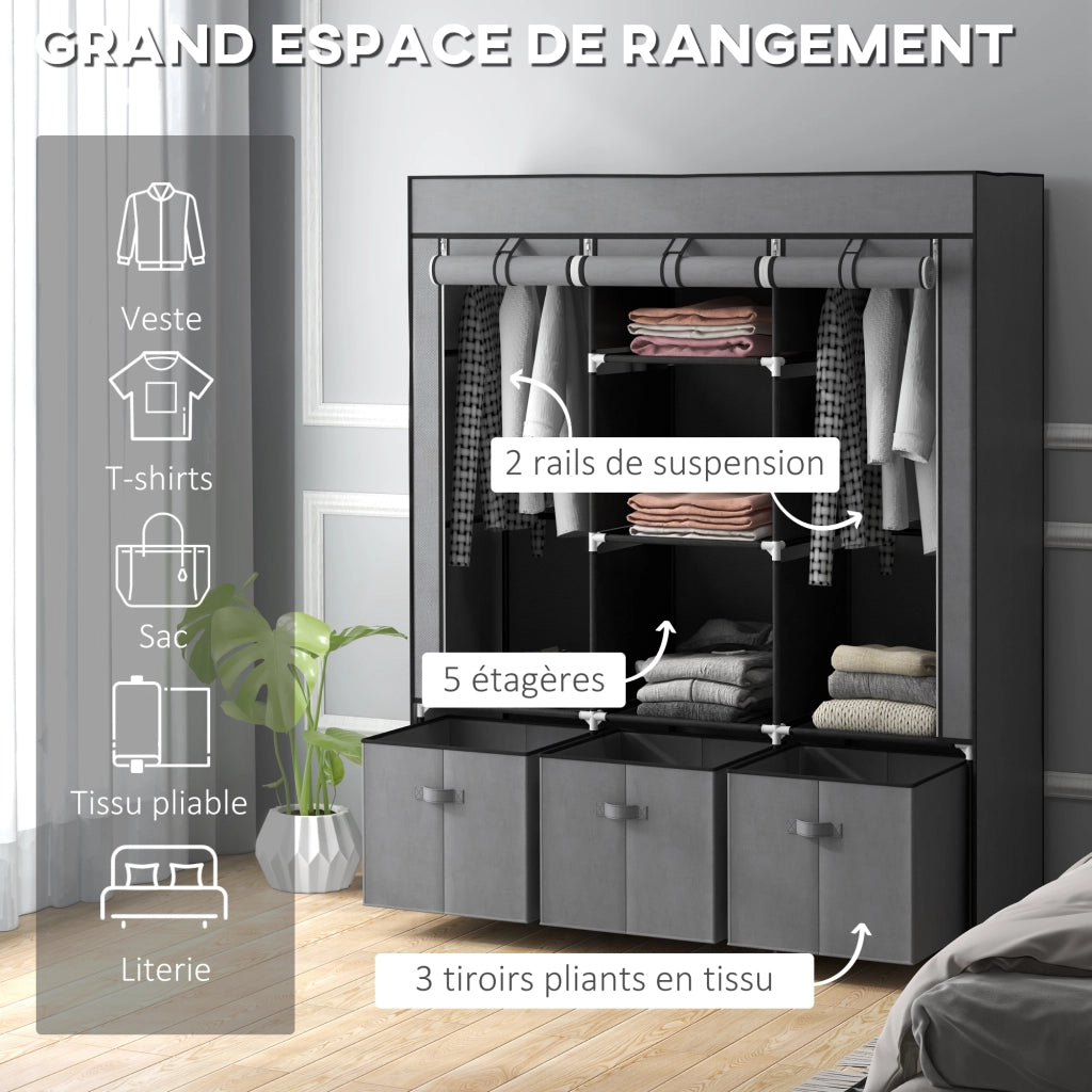 Armadio in tessuto con 5 ripiani, 2 appendiabiti e 3 cassetti ¨C zephmum ¨C 125x43x162 cm