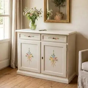 Credenza madia buffet in legno Shabby chic 2 ante mod Martini bianco anticato decorata