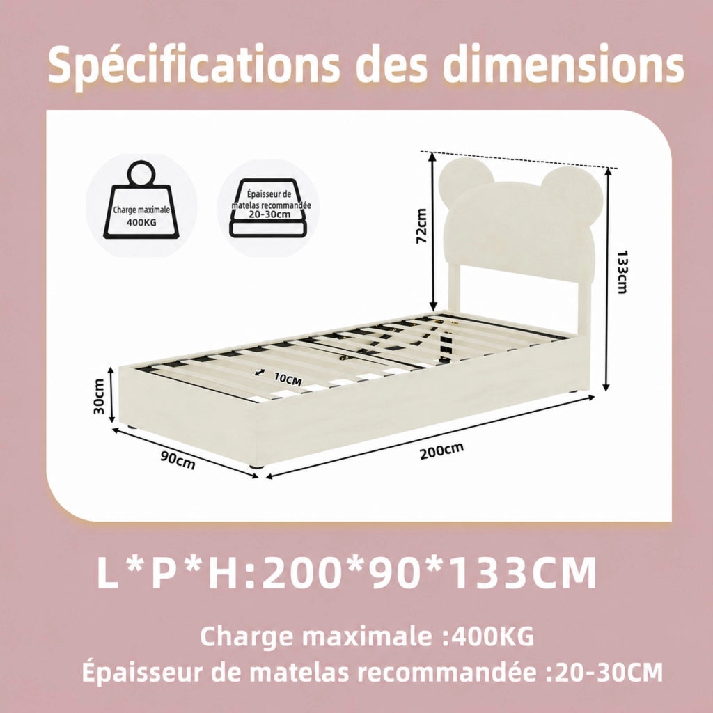 Letto imbottito 90 x 200 cm con vano contenitore a sollevamento pneumatico; beige