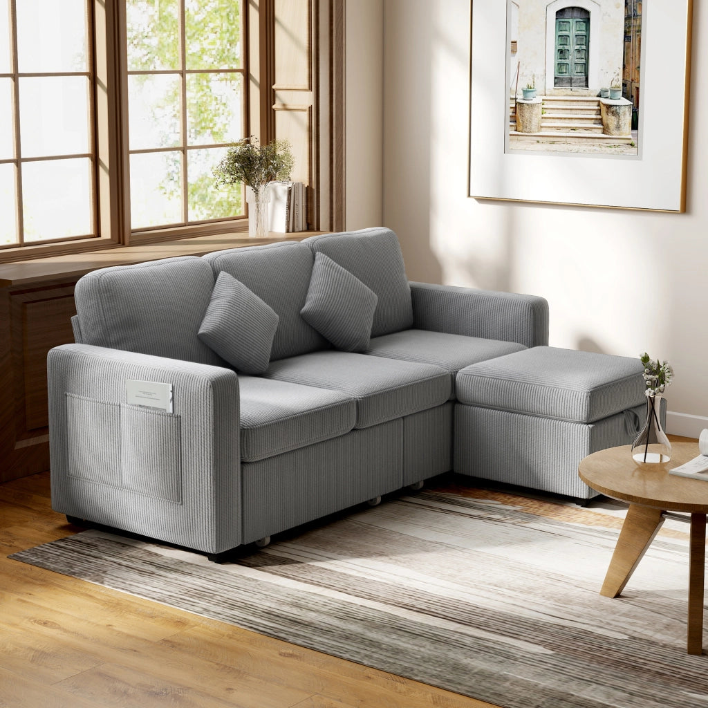 Divano 3 Posti Modulare con Pouf Contenitore 196x139x85 cm in Velluto a Coste Grigio Chiaro