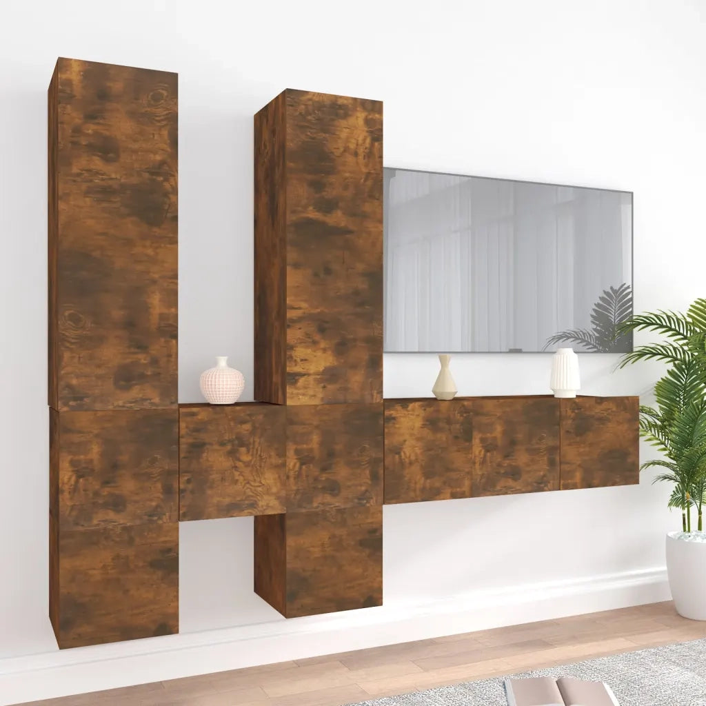 Set di Mobili Porta TV 7 pz Rovere Fumo in Legno Multistrato cod mxl 20313