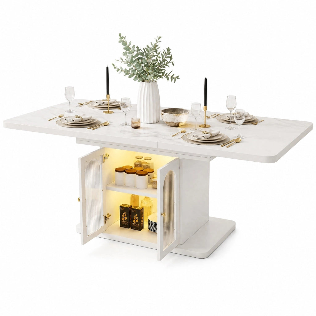 Tavolo da pranzo allungabile 150/200 cm con LED e vano contenitore, bianco, per 6–8 persone