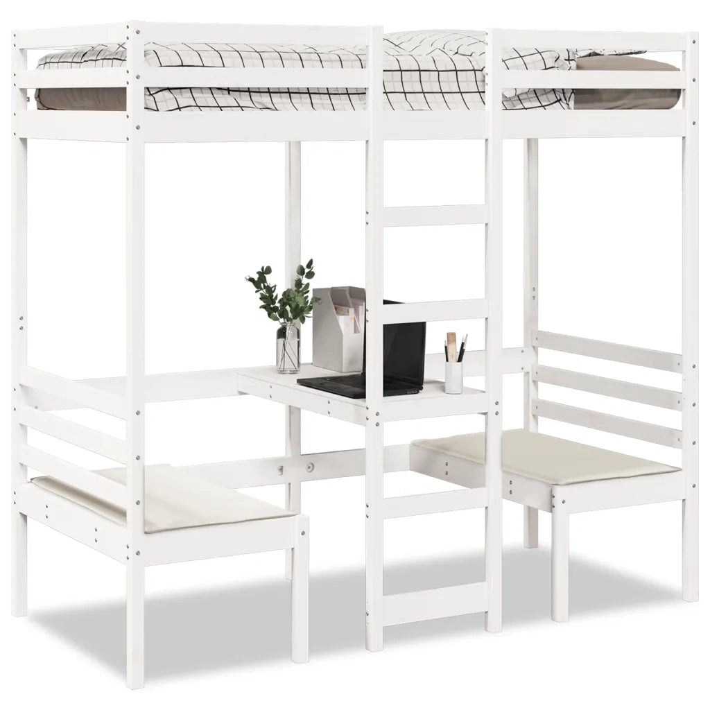 Giroletto Soppalco con Scrivania e Sedie-Struttura Letto Bianco 80x200cm Pino