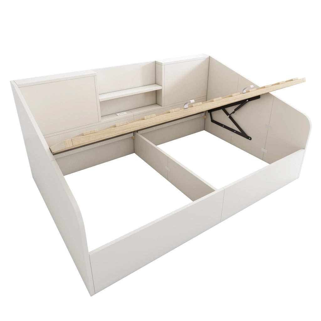 Letti contenitori 140x190 cm idraulico con vani portaoggetti e stazione di ricarica; legno; bianco (Senza materasso)