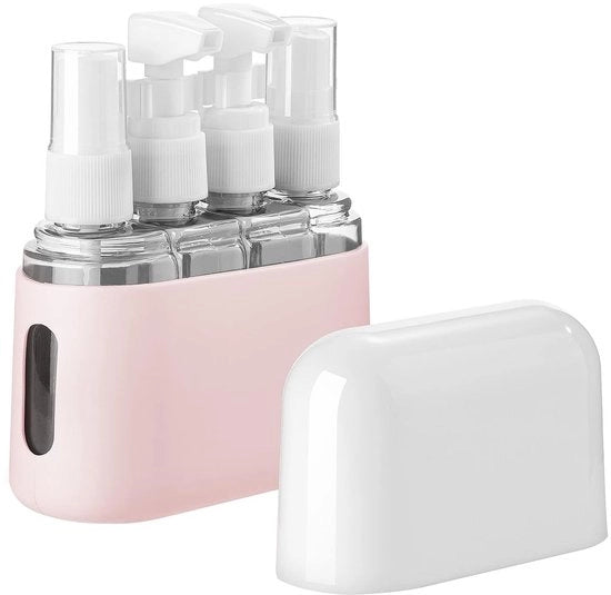 Kit di pulizia per viaggio 4 in 1 - 50 ML flaconi a pressione/flaconi spray - scatola di conservazione - materiale plastico duraturo - riciclabile - leggero 100 g - bagno