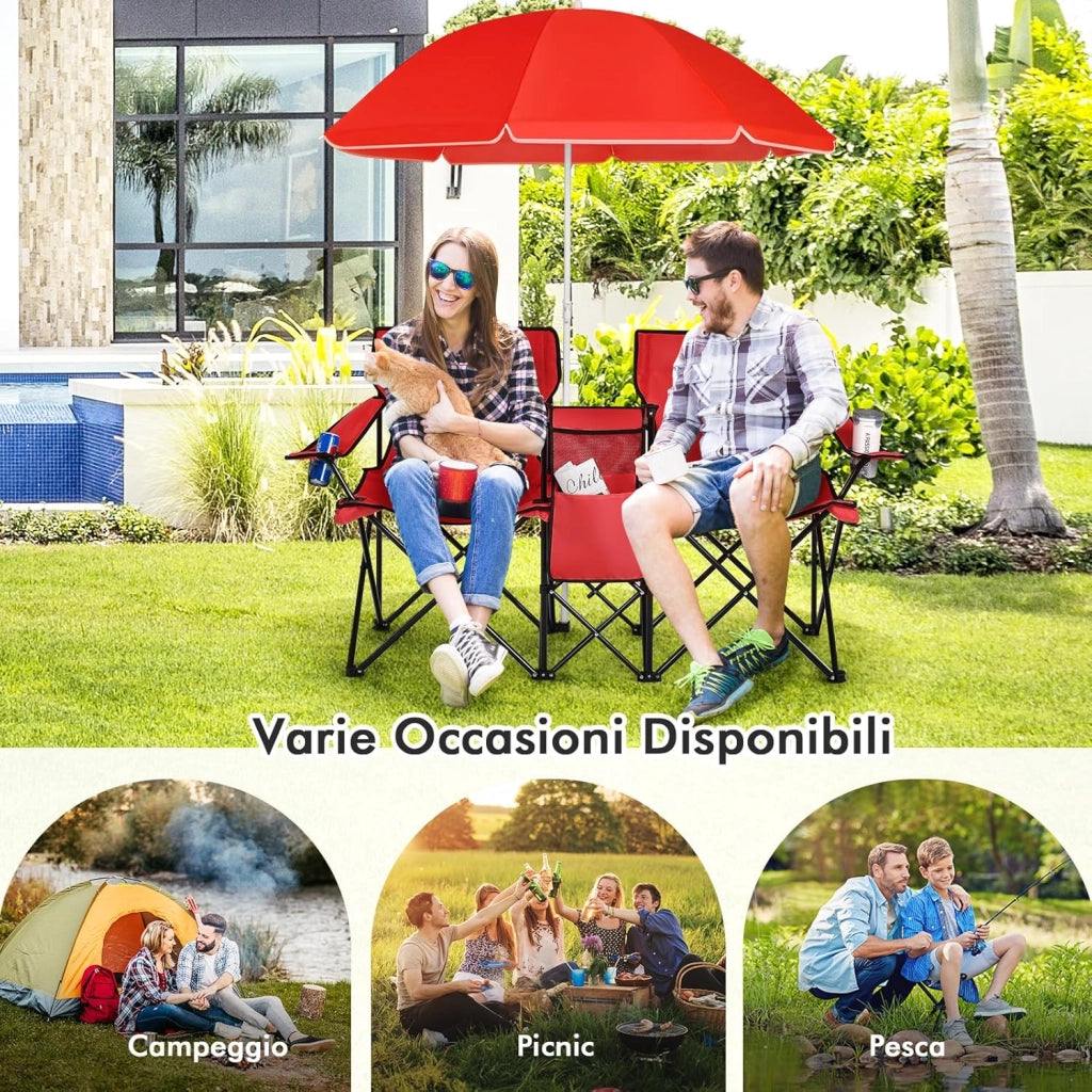 Set di 2 Sedie da Campeggio Pieghevoli, con Ombrellone e Tavolino Contenitore, Resistente e Leggero, Capacità 113 kg (Rosso)