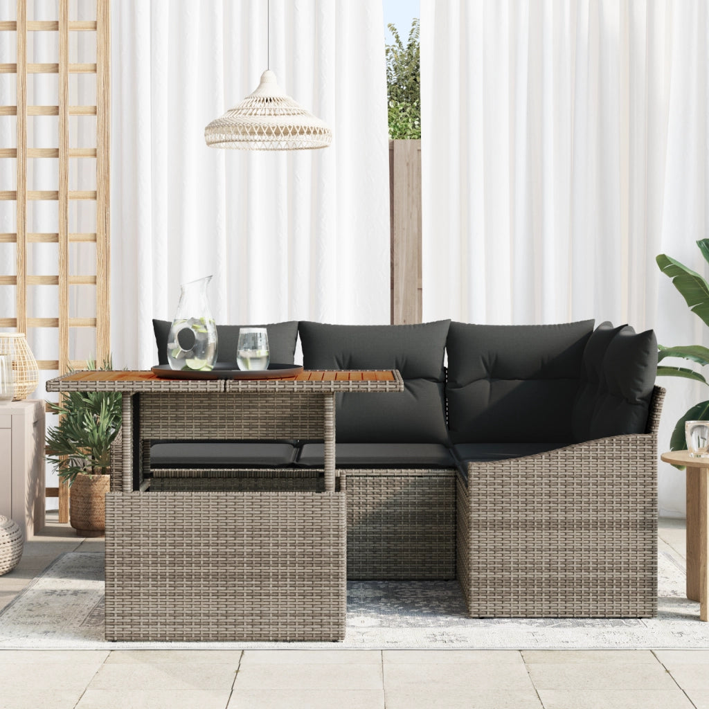 Set da Pranzo Giardino 5 Pezzi con Cuscini Grigi in Poly Rattan Acacia