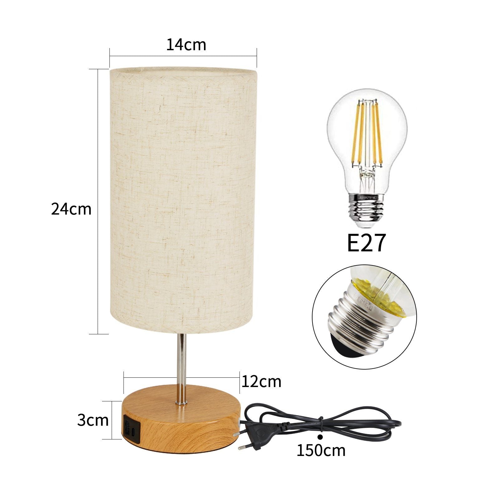 ZMH Lampada da tavolo touch dimmerabile USB ricarica paralume tessuto per comodino ufficio