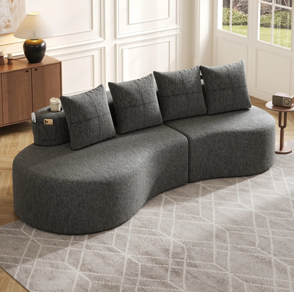 Divano 240x109 cm grigio scuro in lino; 4 cuscini e portabicchieri