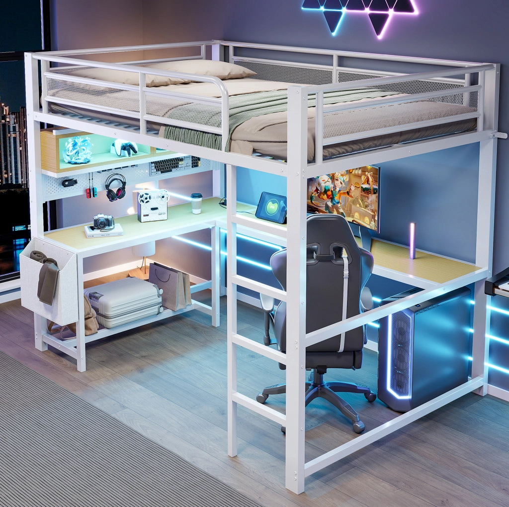 Letto a soppalco 140x200 cm con scrivania; LED e stazione di ricarica in MDF e metallo bianco