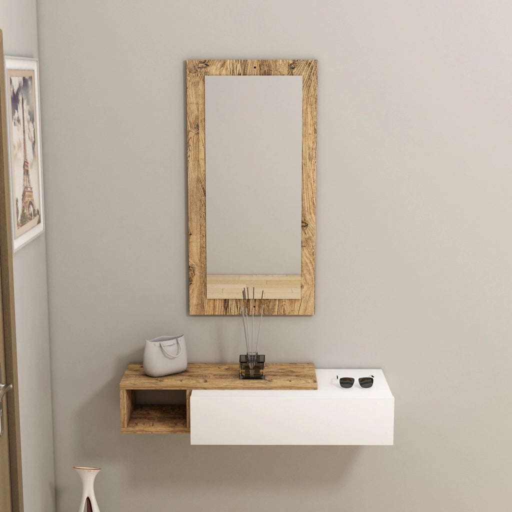 Consolle in legno con specchio "Vien" - 82 x 29 x 15 cm - Bianco