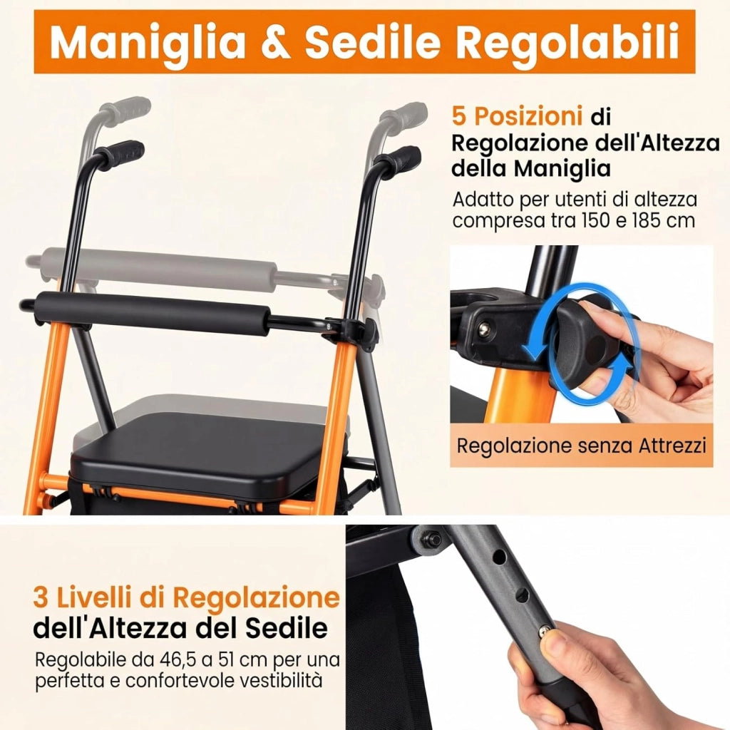 Deambulatore per Anziani Pieghevole, 2 in 1 Girello con Seduta a 3 Livelli, Sacchetti Portaoggetti e Impugnatura Ergonomica, Rollator Deambulatore Portatile per Intreno ed Esterno