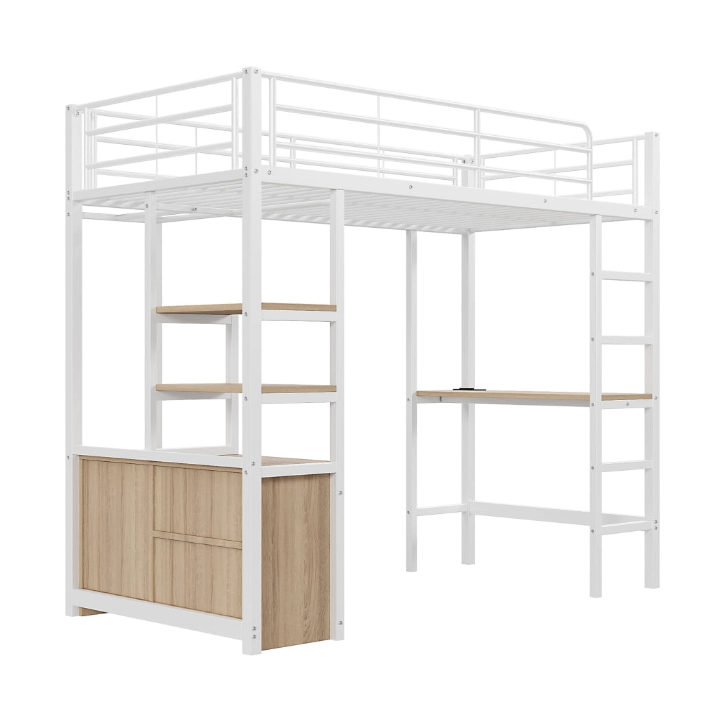 Letto a castello 90x200 cm con scrivania e ripiani; metallo bianco (Senza materasso)