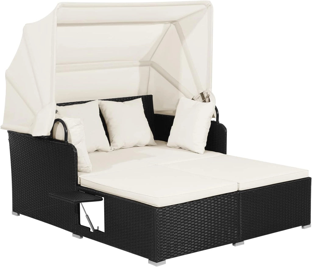 Lettino da Esterno in Rattan, Set di Divani da Patio con Tettuccio Retrattile e 2 Tavolini, Lettino da Esterno con Morbidi Cuscini e Ampia Superficie di Sdraio, 3 Colori (Beige)