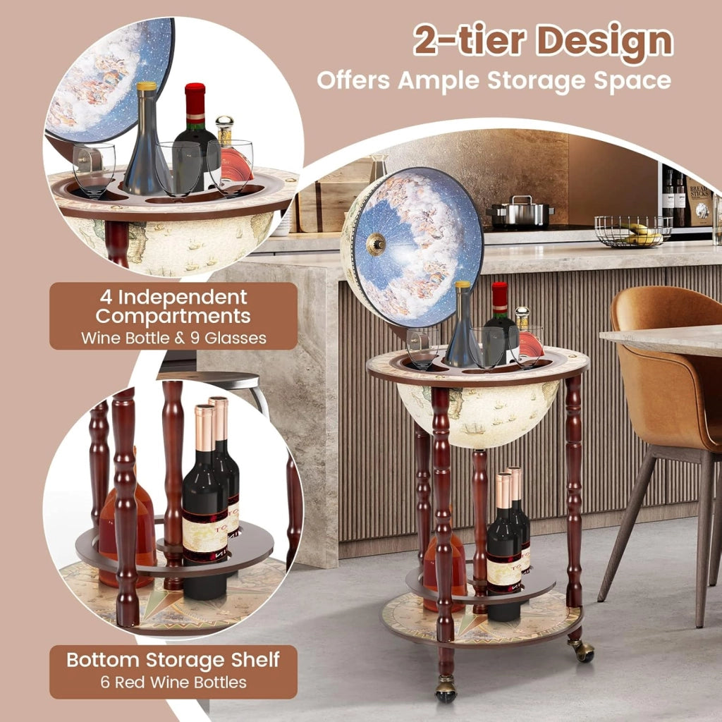Portavino a Mappamondo, Portabottiglie a Forma di Mappamondo, Scaffale per Vino con Ruote,Porta Liquori Stile Retrò, Supporto per Bottiglia in Legno, 88 x 45 x 45cm