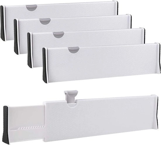 Set di 4 divisori per ante cucina regolabili, 37,8-54 cm, divisori in plastica, altezza 10 cm, organizzatore per ante cucina, comodino, bagno, camera da letto (bianco)