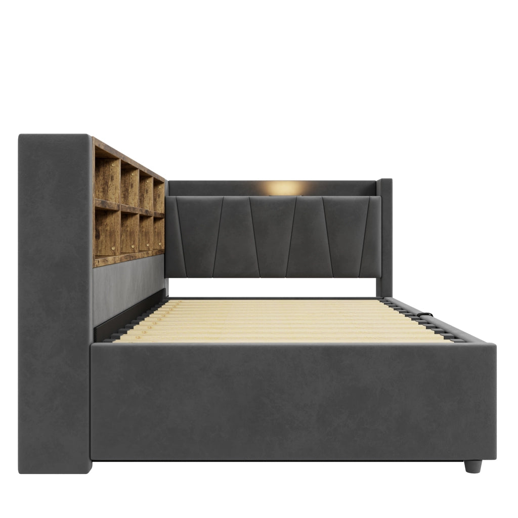 Letto imbottito singolo 90×200 cm con contenitore idraulico; USB; Type-C; lampada e ripiani; senza materasso; grigio