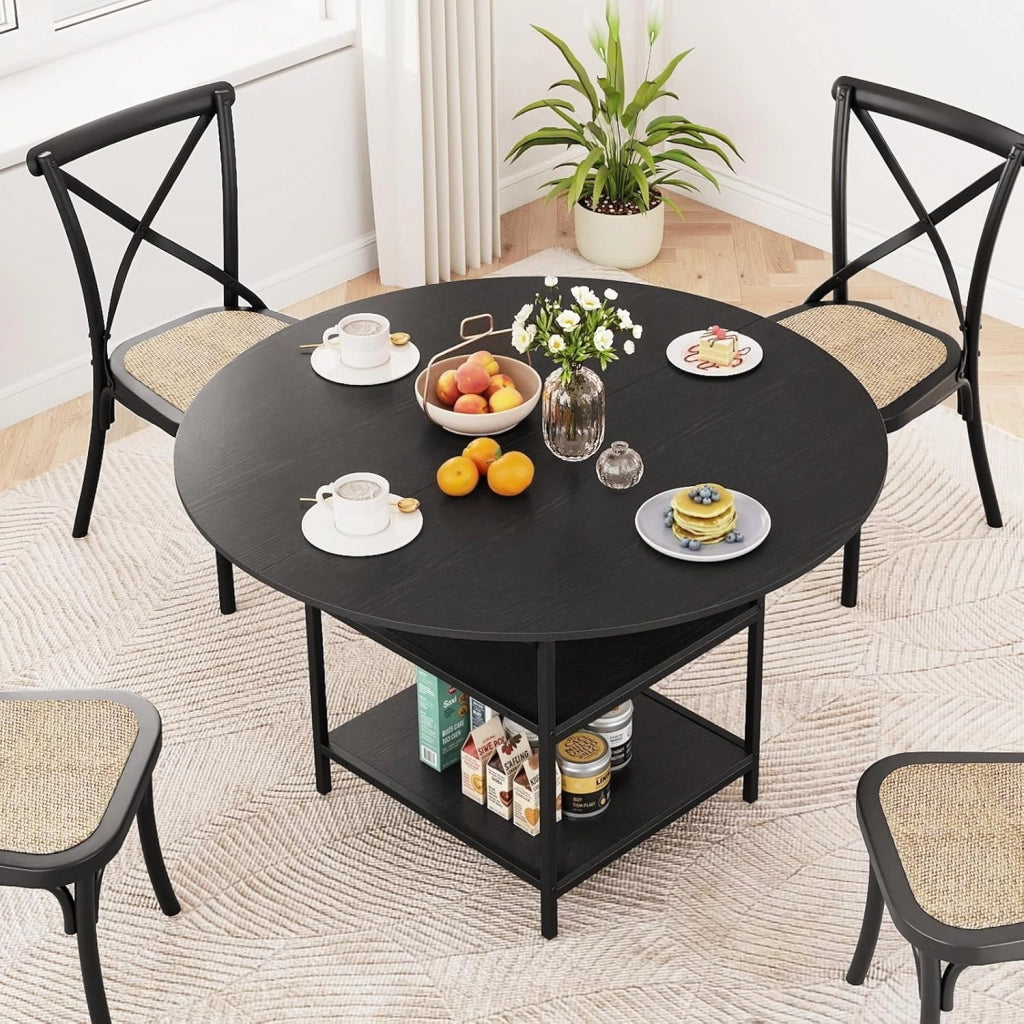 Tavolo da Pranzo Rotondo Ø 120 cm, adatto per 4-6 Persone, con 2 Ripiani, Piano Effetto Legno e Struttura in Metallo, Stile Industriale, Ideale per Cucina e Sala da Pranzo