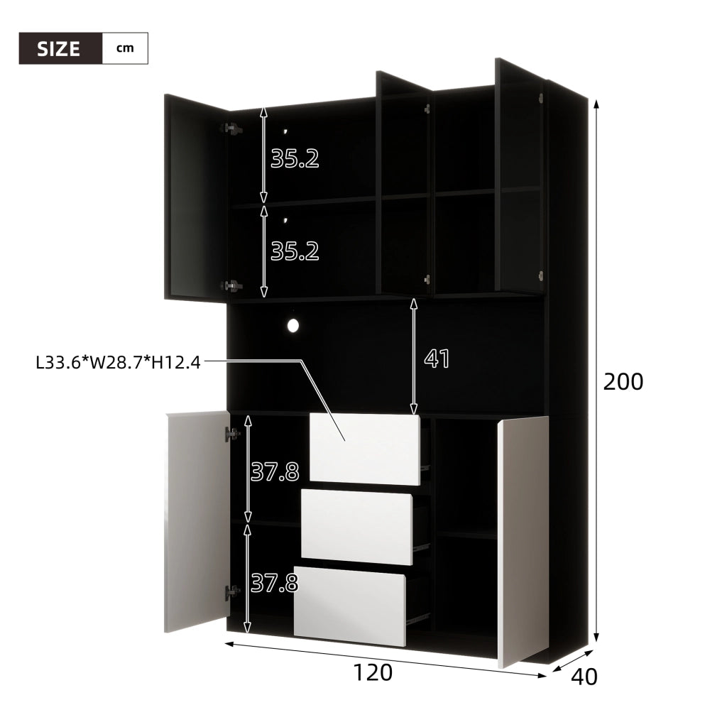 Vetrina con LED multicolore regolabile e vano aperto con passacavi MDF 3 cassetti 2 ante 120 × 40 × 200 cm