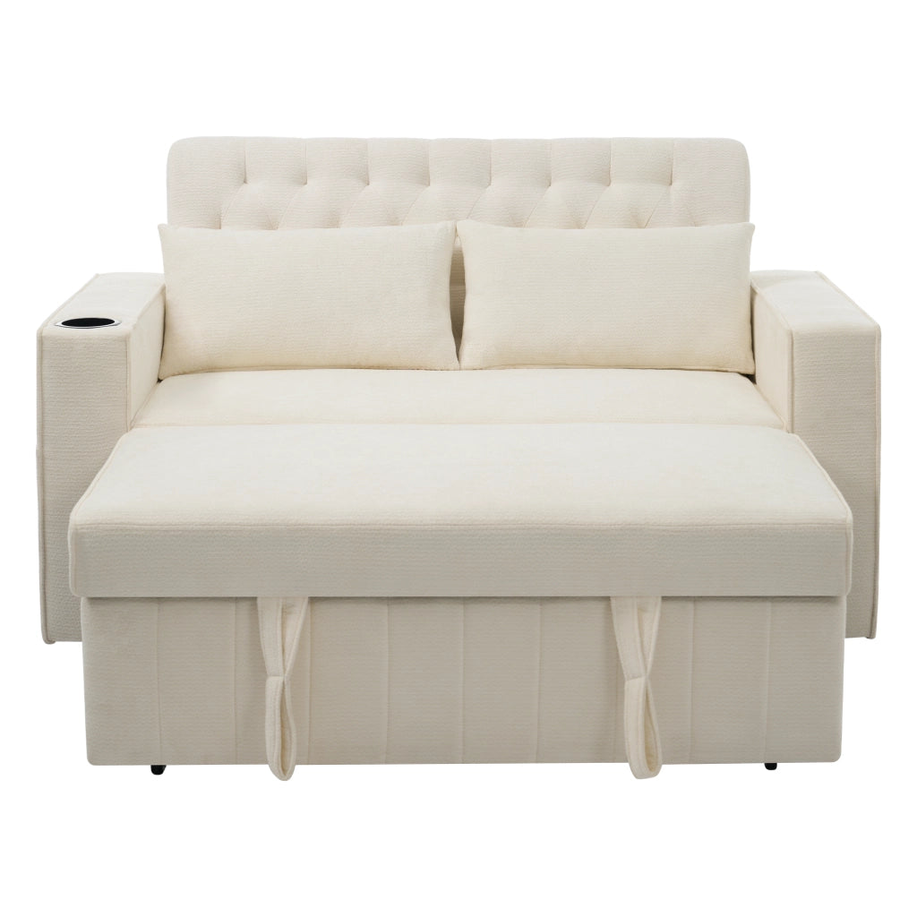 Divano Letto Multifunzionale ¨C MINIMAL ¨C Beige, con Portabicchieri, USB, Cuscini, Contenitore