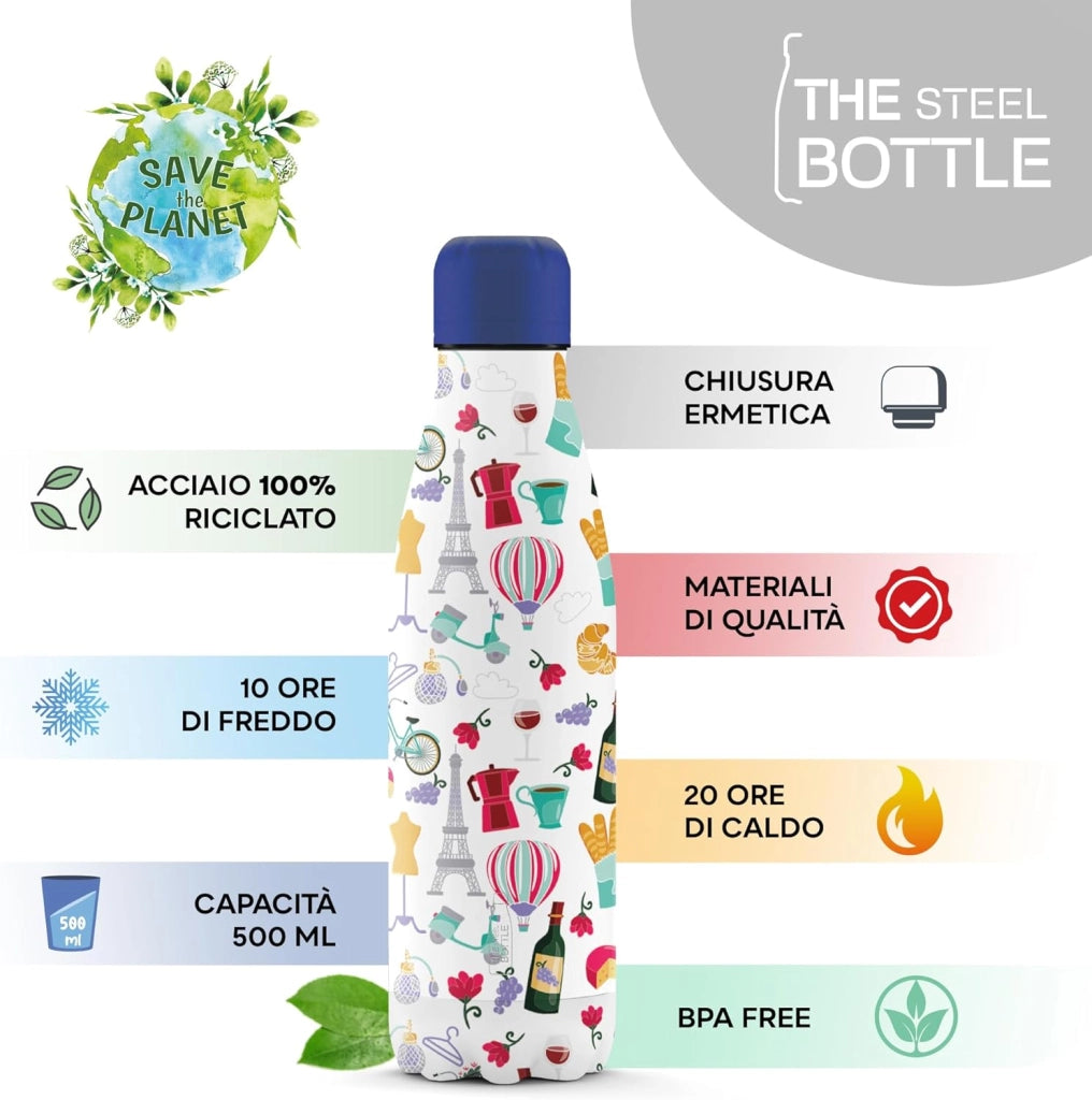 The Steel Bottle Bottiglia termica in Acciaio Inox Capacità 500 ml Chiusura Ermetica - Paris