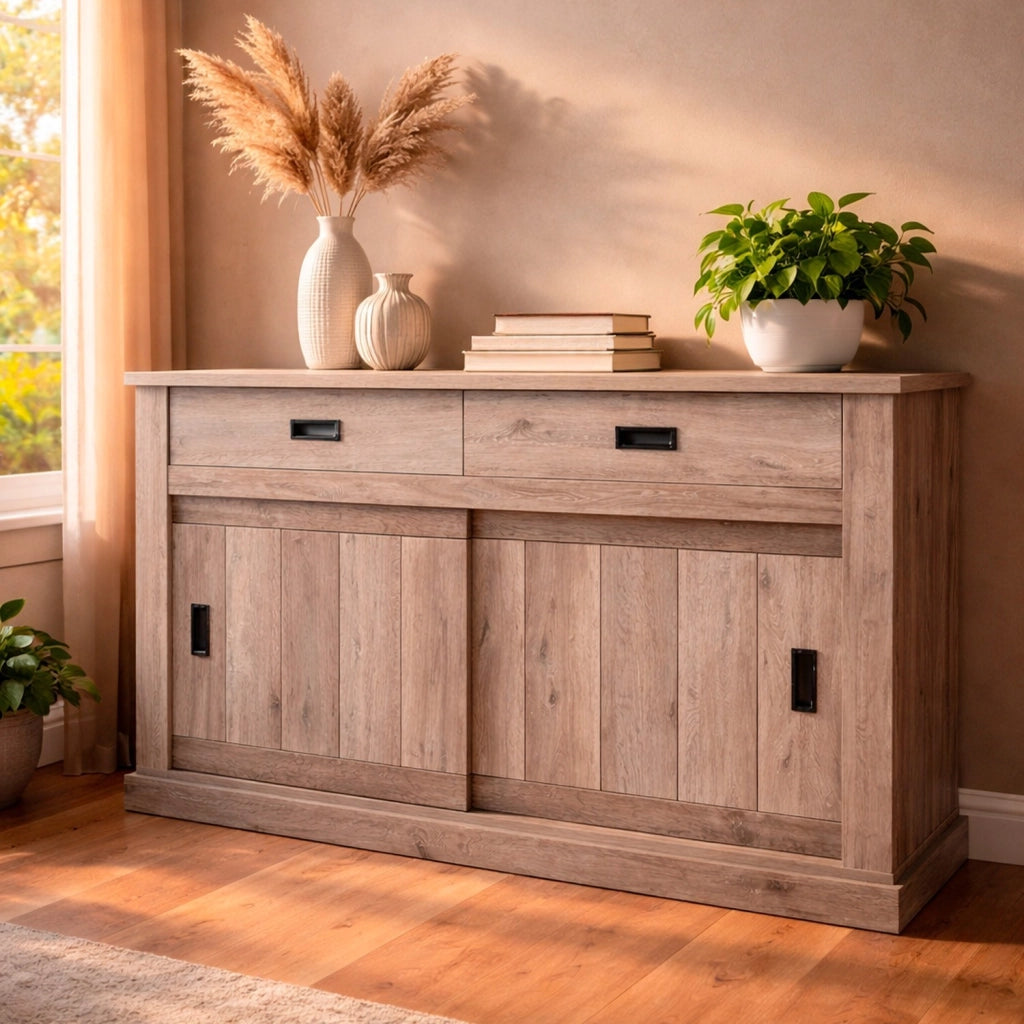 Madia Mobile Soggiorno Con 2 Cassetti E 2 Ante Scorrevoli 4 Ripiani Interni In Stile Minimal Shabby Chic Per Living Sala Pranzo 150 X 50 X 95.5 Cm Rovere Alaska