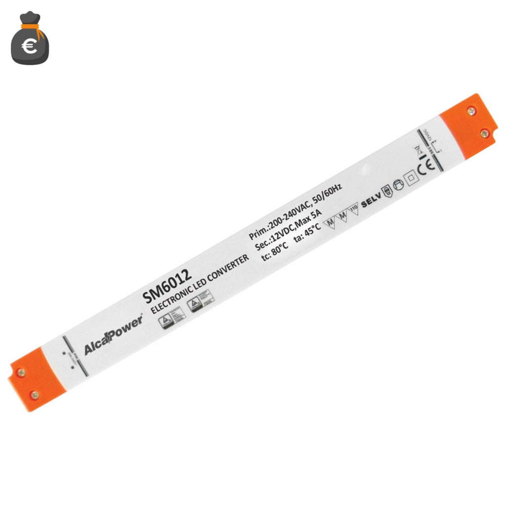 Alcapower Alimentatore Switching 12V 60W 5A Ultra Sottile per Illuminotecnica, Ideale per Strip LED e Sistemi di Illuminazione Compatta - 30.5cm