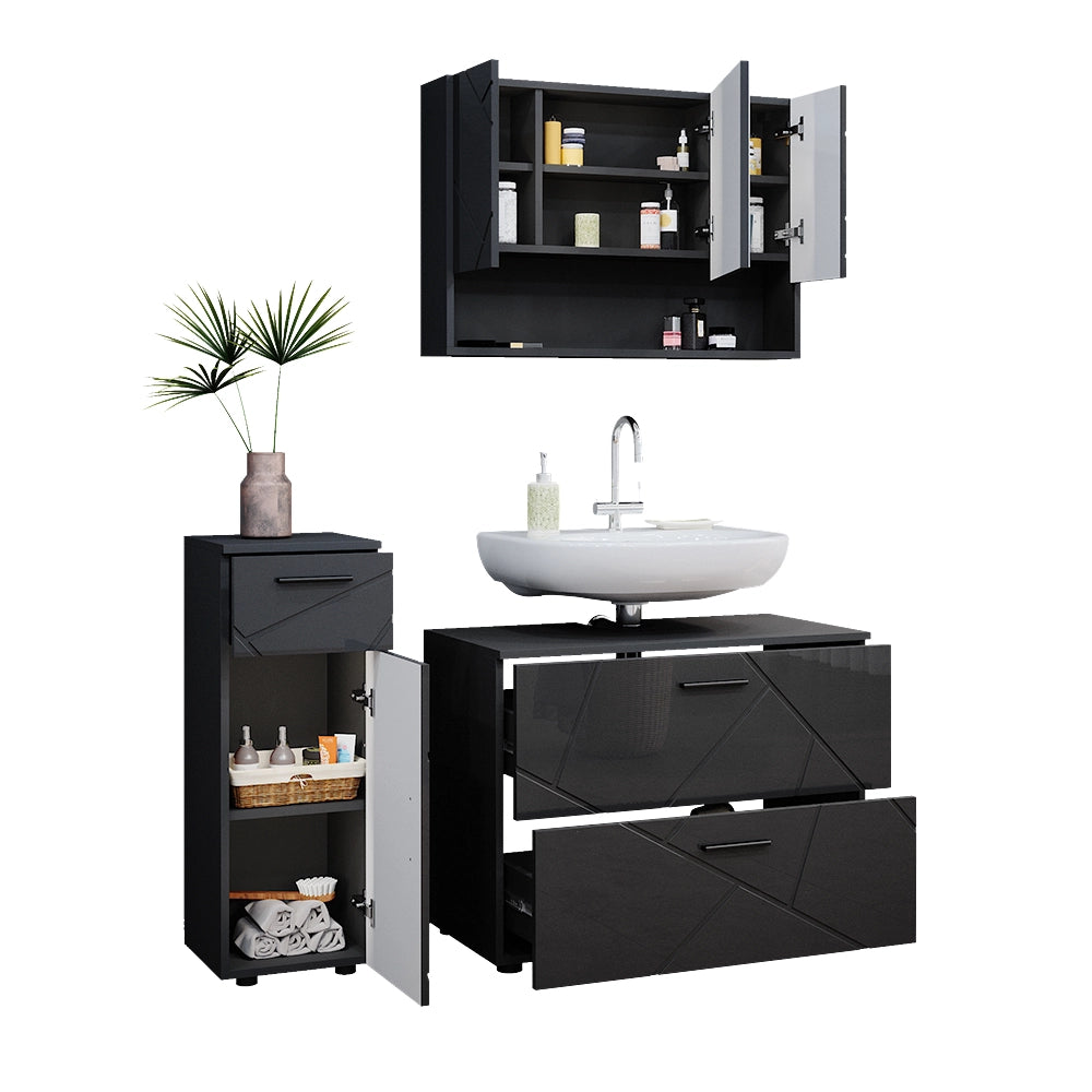 Vicco Set mobili bagno Antracite lucido 3 parti, con cassettiera e mobile midi