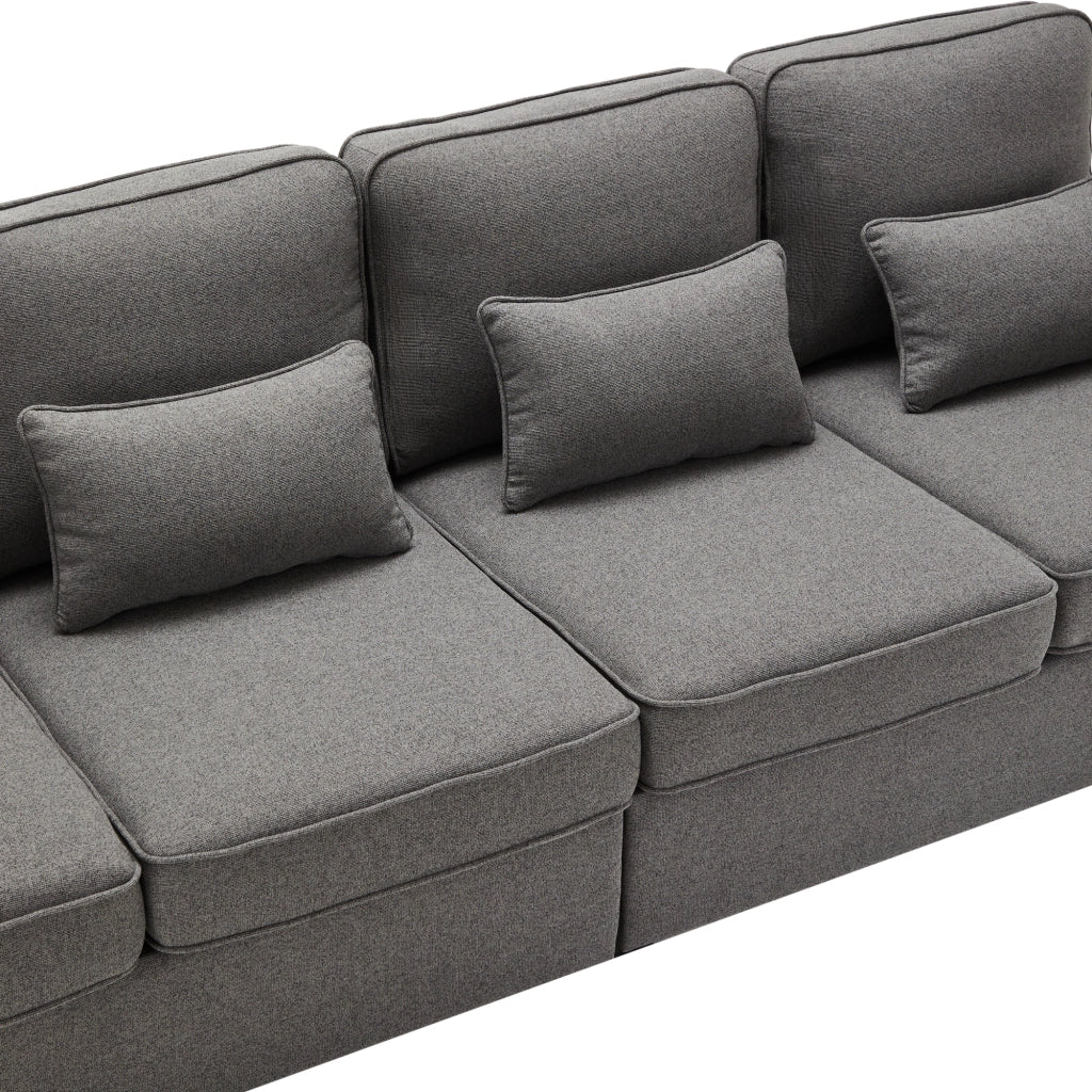 Divano Lineare 4 Posti con Tasche Laterali e 4 Cuscini Lombari, in Lino Grigio Scuro 264 × 83 × 87 cm