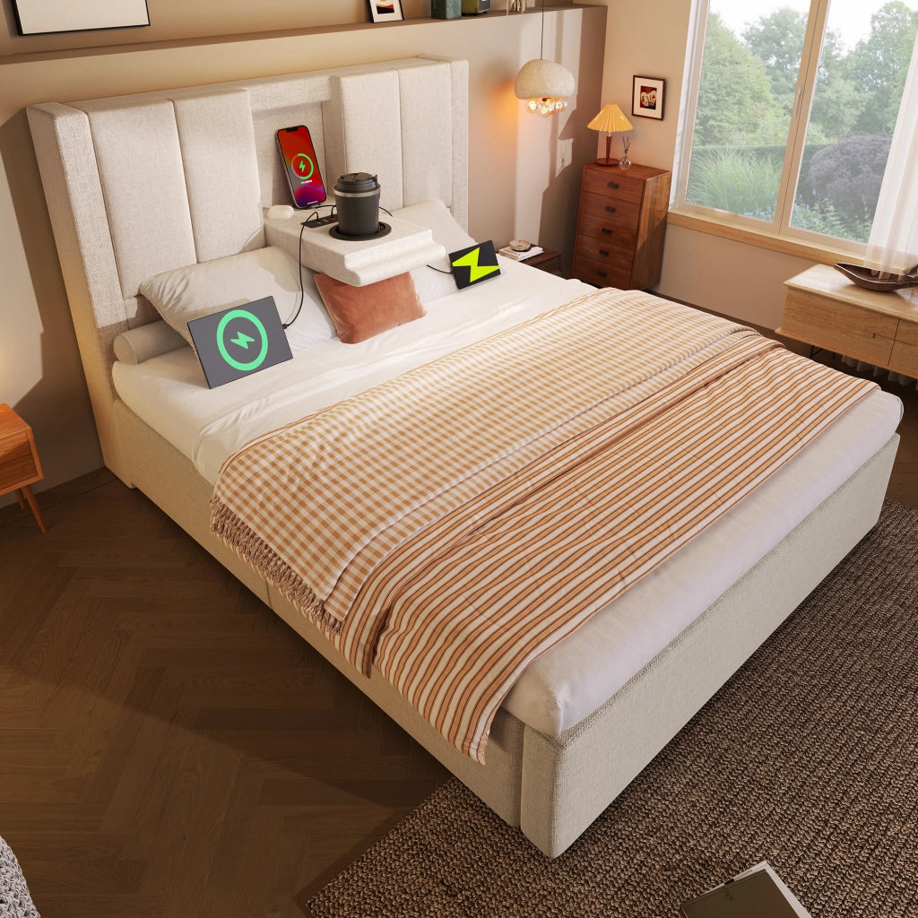 OKWISH Letto Contenitore 90×200 cm, Letto Singolo con Portabicchiere, USB, Tipo-C e Testiera Ribaltabile, con Materasso, in Lino, Beige