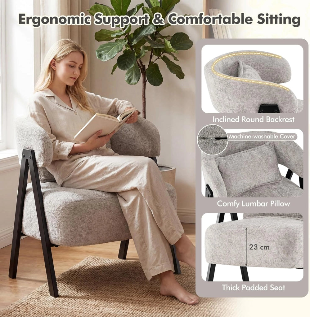 Poltrona da Salotto, Poltrona Imbottita Confortevole con Schienale Curvo e Cuscino Lombare, Piedi in Metallo Solidi, Sedia Relax per Angolo Lettura, Salotto, Camera da Letto (Grigio)