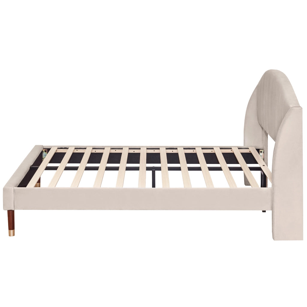 Letto Adulto 140×200 cm; Letto Matrimoniale con Testiera Imbottita; senza Materasso; in Velluto; Beige