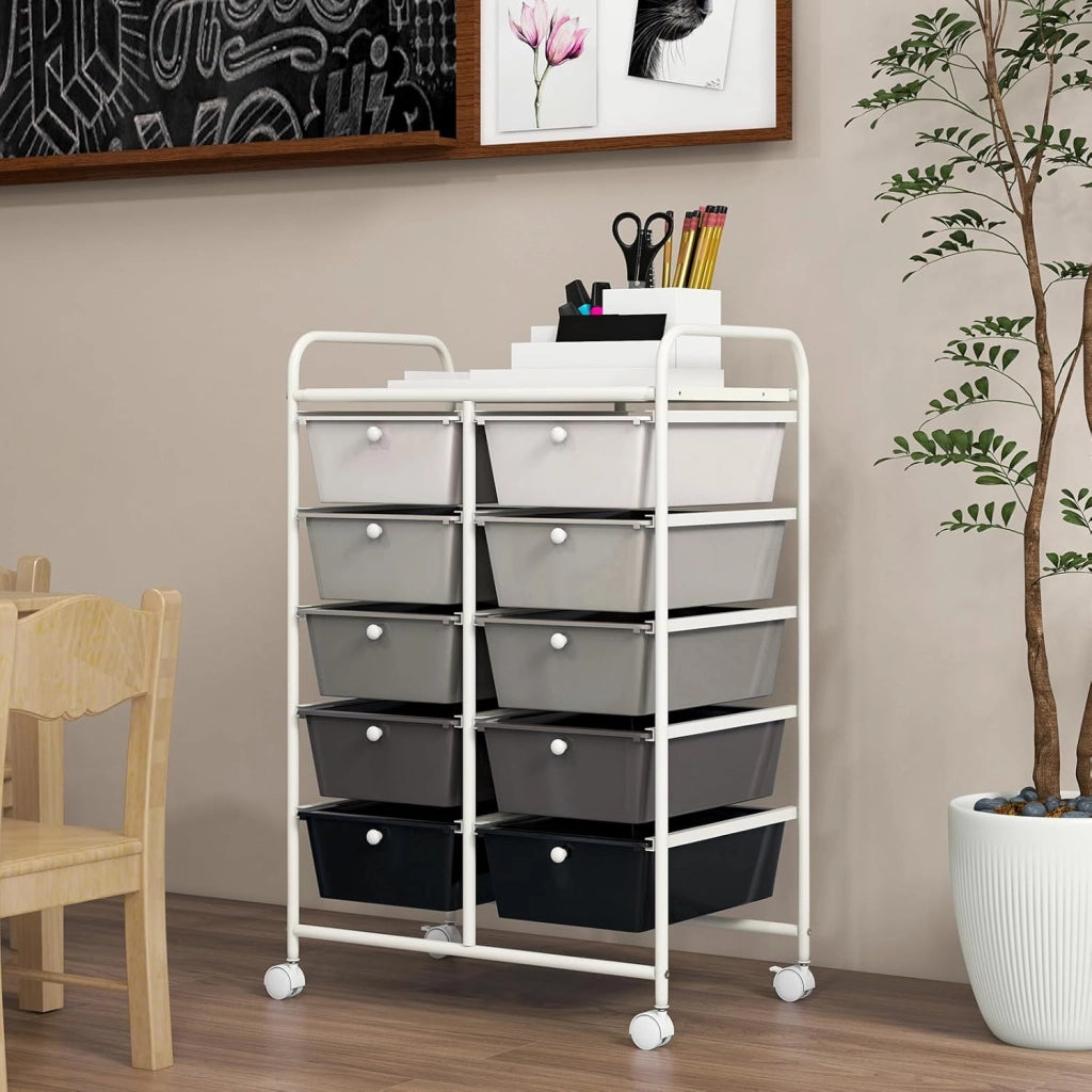 Carrello con 10 cassetti, impilabile, carrello per cassetti, carrello da cucina con ruote bloccabili, carrello per cucina, bagno, ufficio, 65,5 x 37 x 87 cm, grigio scuro e nero
