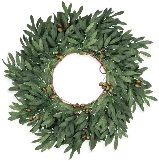 Decorazione a forma di corona di olivo - decorazione per l'intero anno - 1 pezzo - verde - seta e schiuma