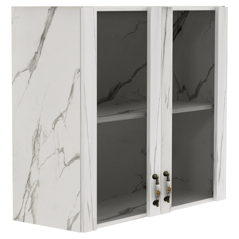Pensile Cucina con Ante in Vetro 80x72x32 cm Bianco Effetto Marmo