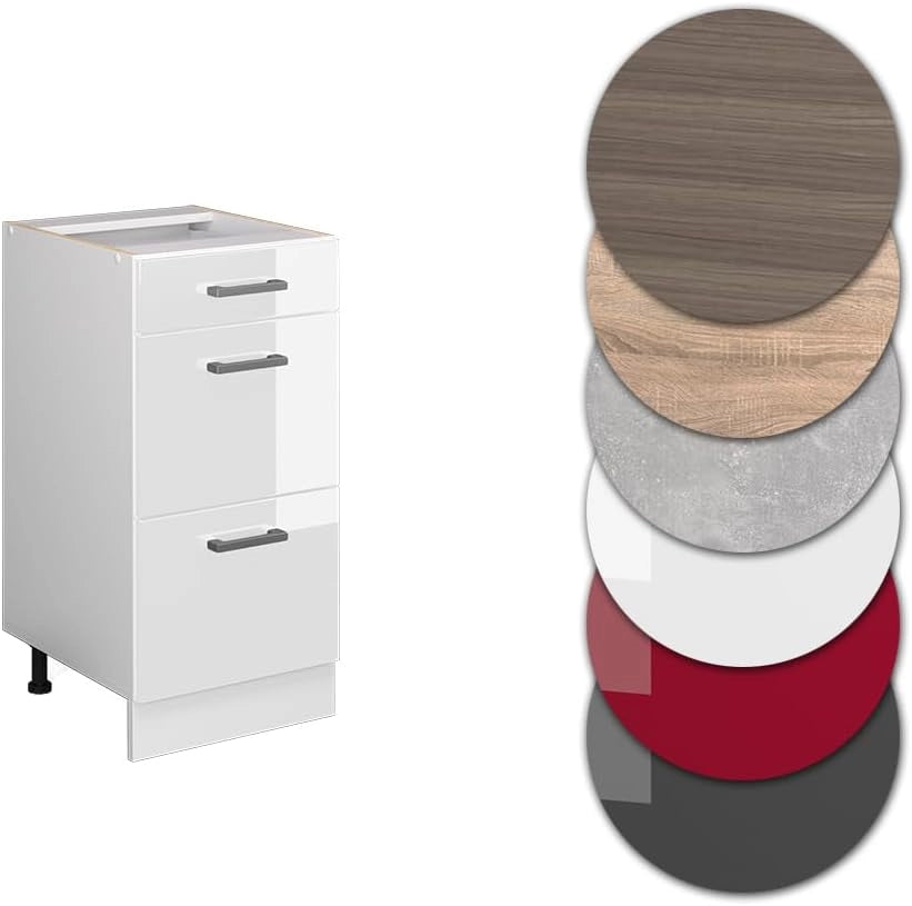 Mobiletto base per cucina R-Line, Bianco lucido, 40 cm con cassetti, senza piano di lavoro, per la libera combinazione all'interno di sistemi cucina modulari